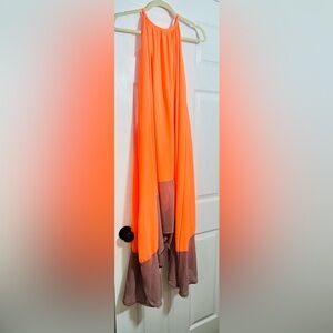 Neon Orange Halter High-Low Maxi Dress with Taupe Hem